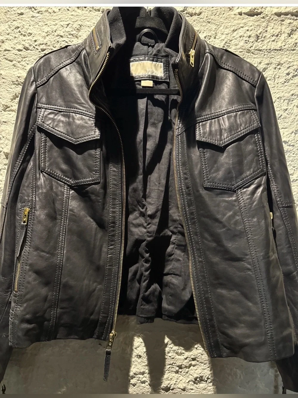 Michael Kors Women’s Black Leather Moto Jacket with Gold tone Hardware Size PL